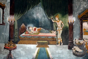Fresco met een scène uit het leven van Boeddha in Wat Phra Doi Suthep, Chiang Mai. Boeddha als prins Siddharta verlaat zijn vrouw en kind. Thailand